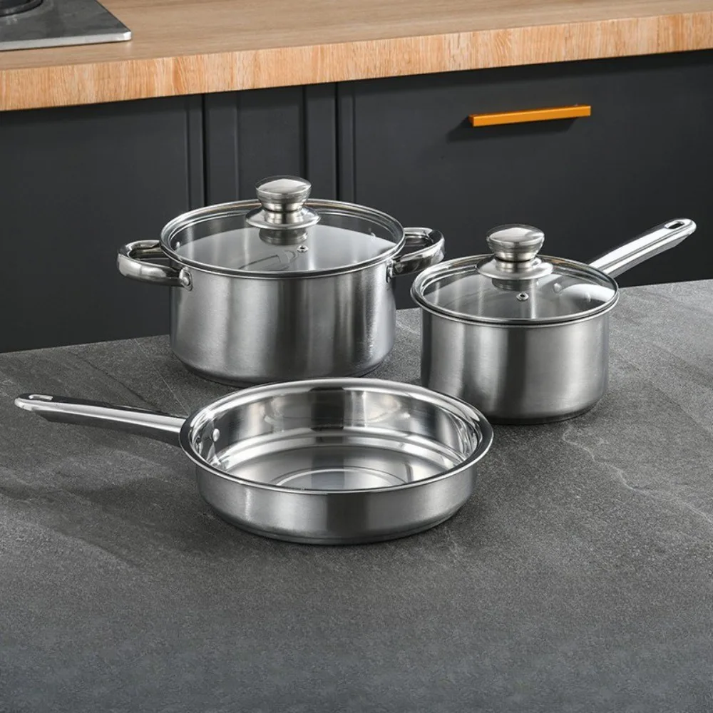 Stainless Steel 3Pcs Cookware Set Saucepan Stockpot Fry Pan w/Lids Steel Handle