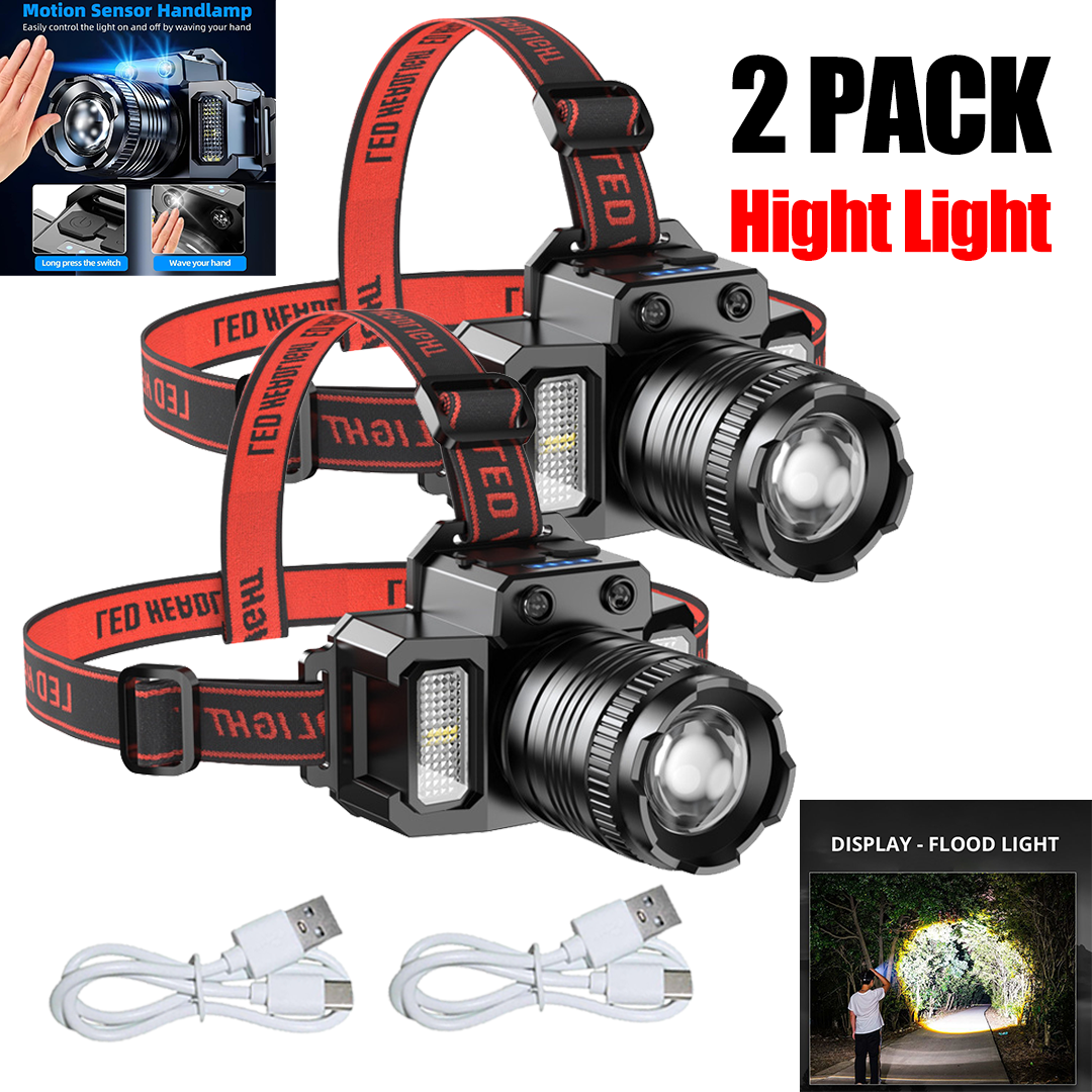 2 PACK LED Headlamp Motion Sensor 5-Modes Headlamp USB Rechargeable Canping Hiking Headlight (US Logistics For USPS/DHL/Fedex/UPS. No designated logistics accepted,TK/TMEU only For self-pickup)