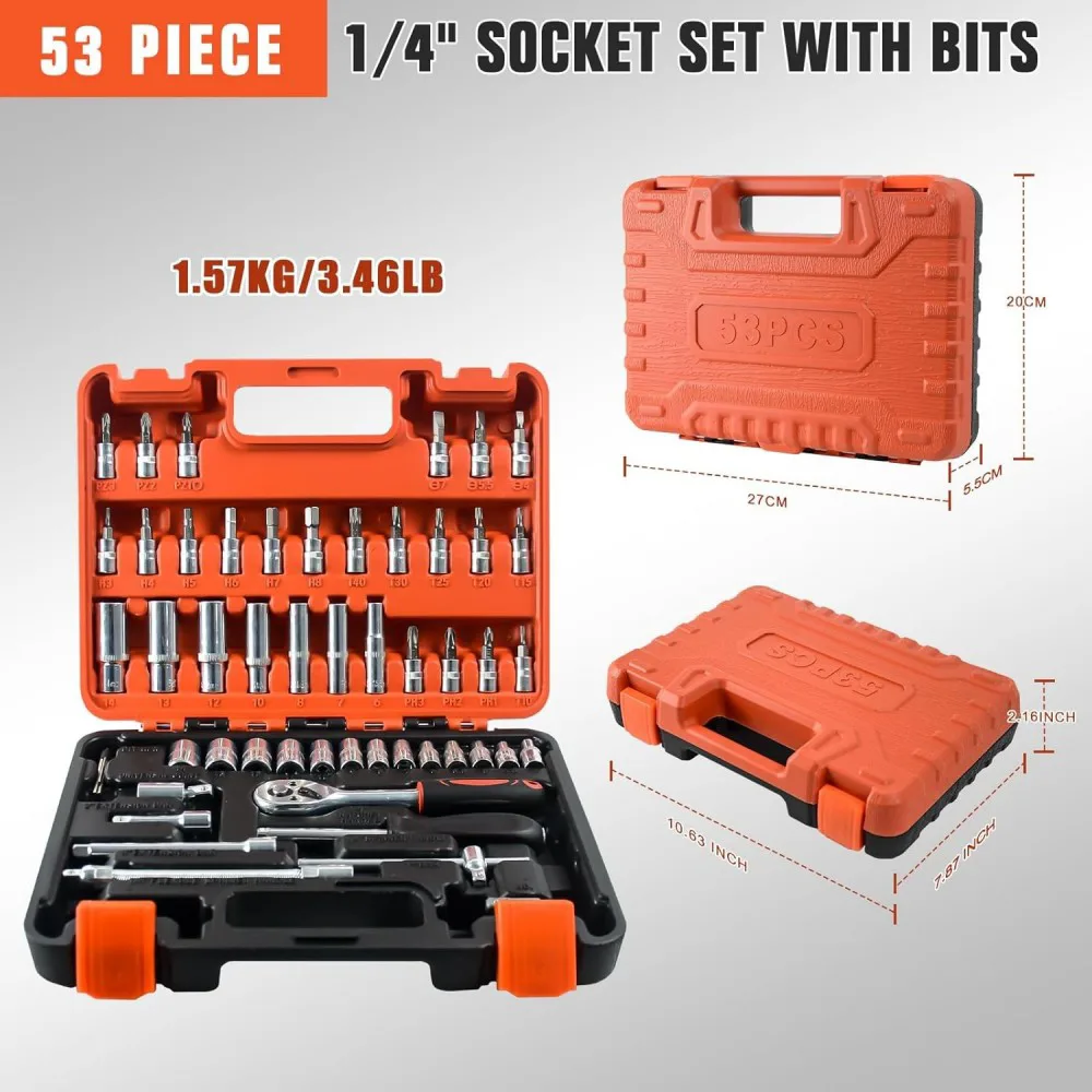 53 Pcs 1/4" Drive Socket Set&Tool Sets Ratchet Wrench Set with Bit Socket Set