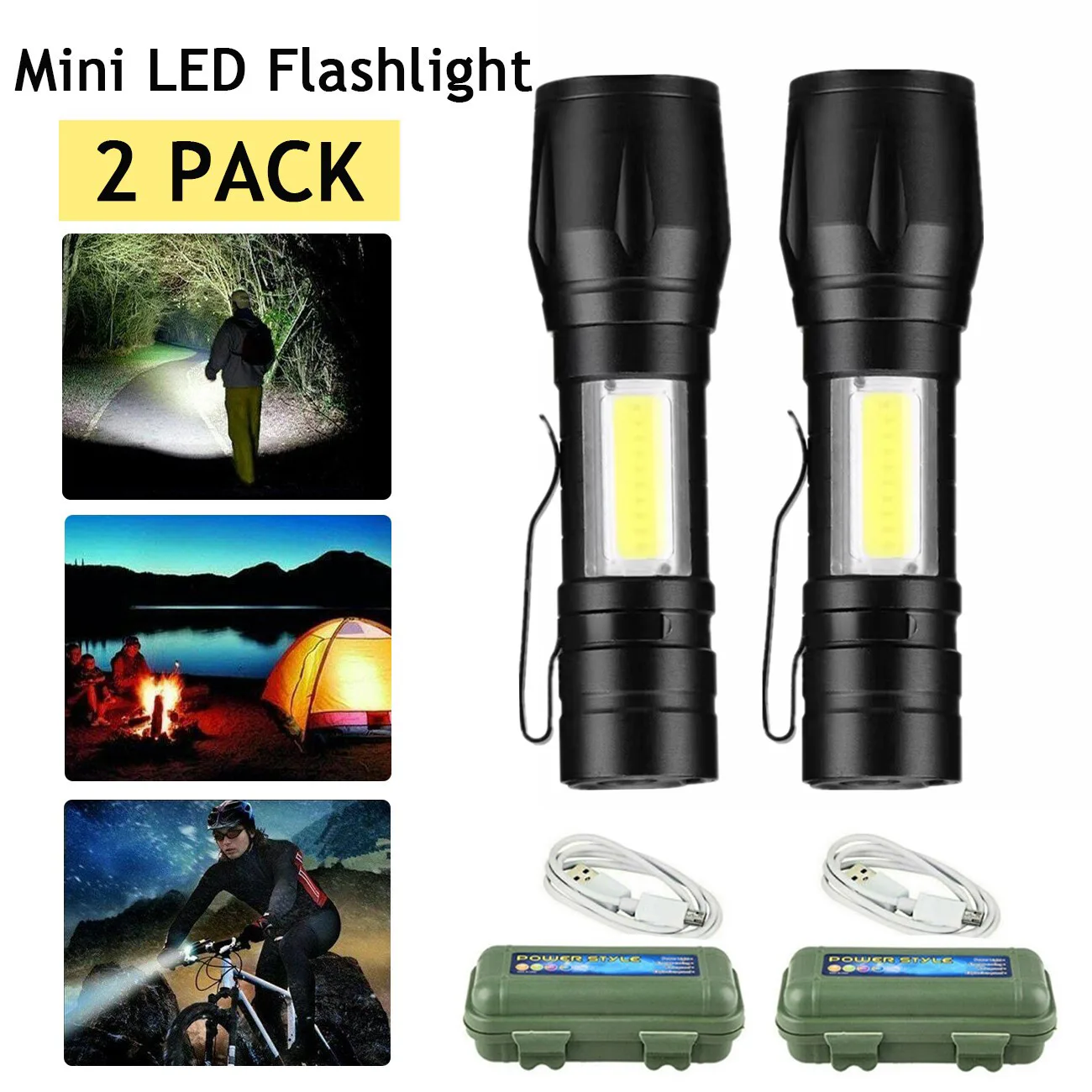 2 Pack USB Rechargeable Small LED Flashlights Camping Flashlight Work Light (US Logistics For USPS/DHL/Fedex/UPS. No designated logistics accepted,TK/TMEU only For self-pickup)