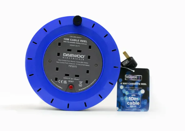 Daewoo 4 Way Gang Extension Lead Cassette Reel 10 Metre