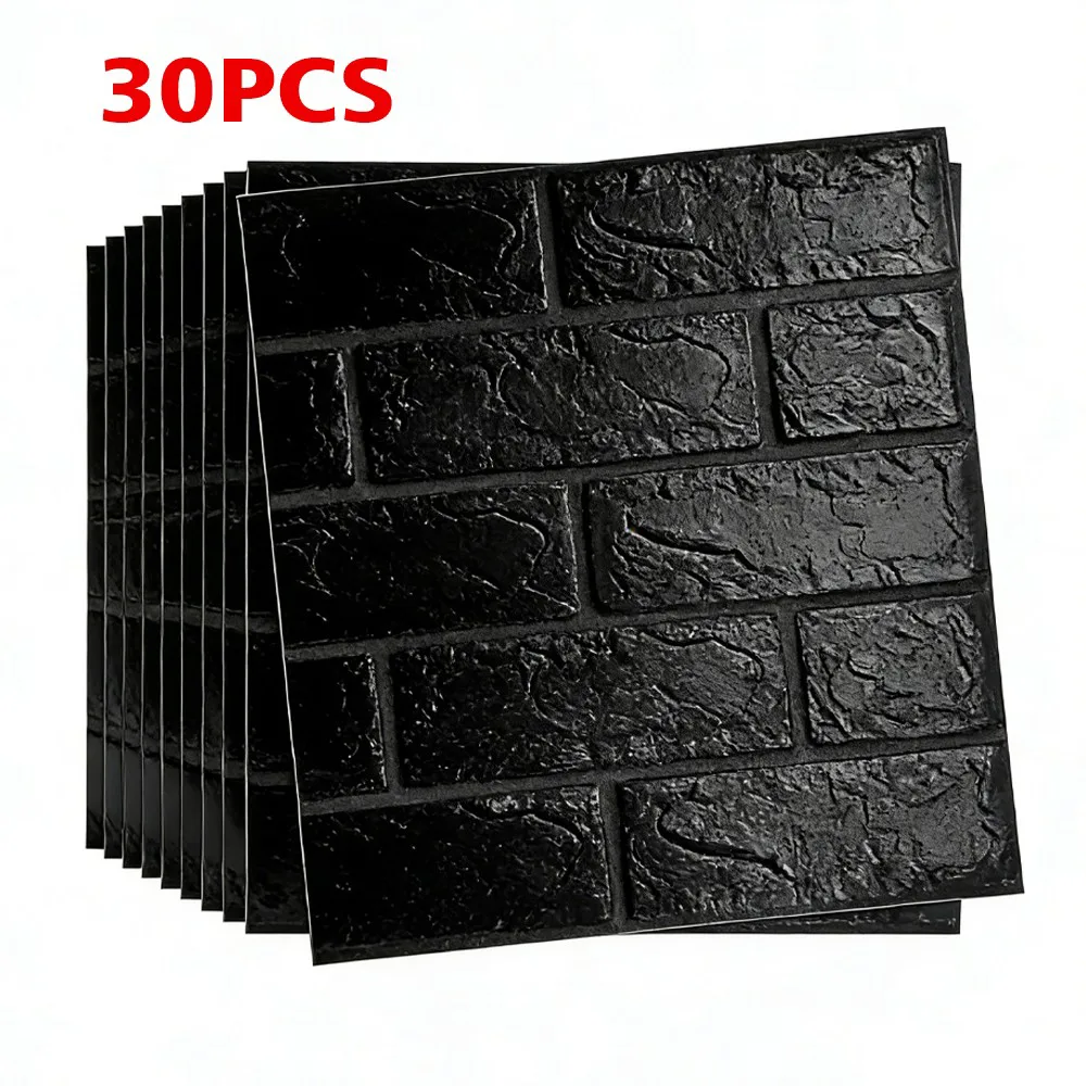 60PCS 3D Tile Brick Wall Sticker Self-adhesive Waterproof Foam Panel Wallpaper-Black 30PCS