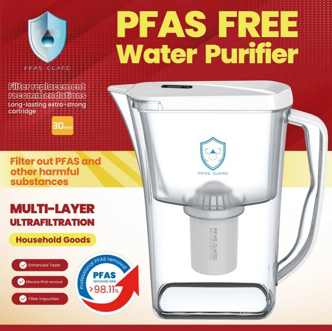 3-Stage Filtration Pitcher | Chlorine & Hardness Reduction | Clean-Tasting Water