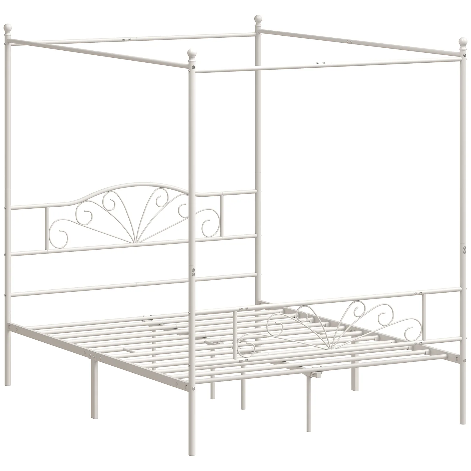 HOMCOM Canopy Bed Frame King Size, Metal Platform Bed Frame with Headboard and Footboard, Underbed Storage, White
