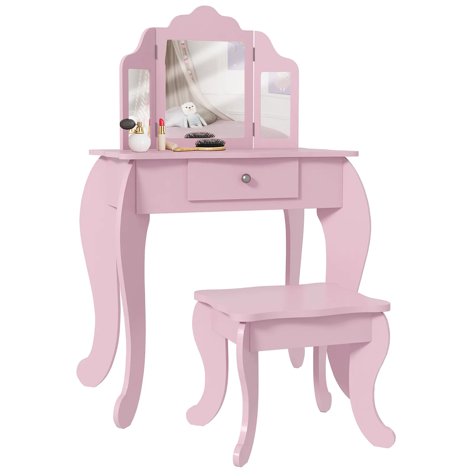 HOMCOM Kids Vanity Table and Chair Set with Tri-Folding Mirror and Stool, Makeup Dressing Table with Drawer, Pink