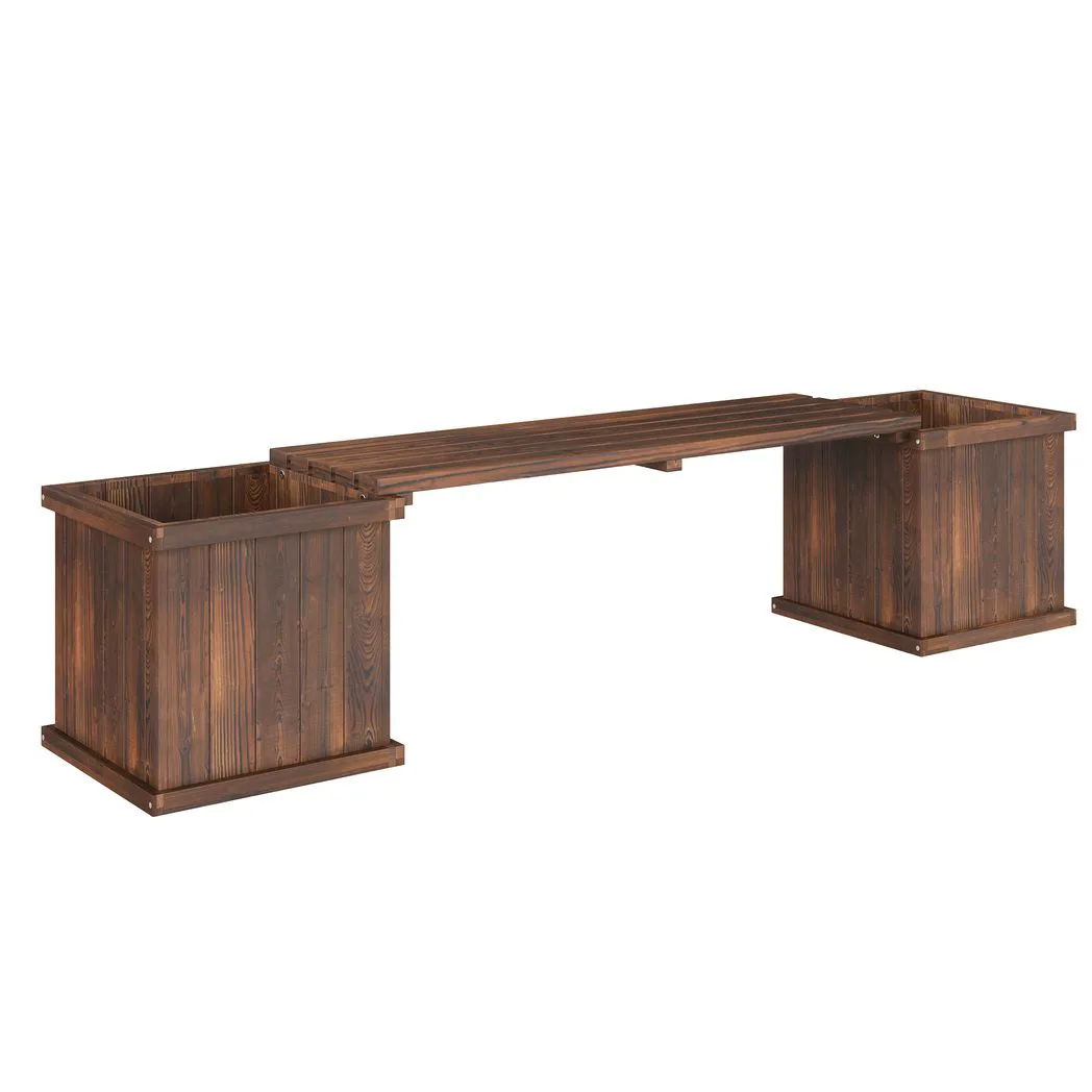 Outsunny Wooden Garden Planter & Bench Combination Garden Raised Bed Patio Park Carbonised Finish 176 x 38 x 40 cm