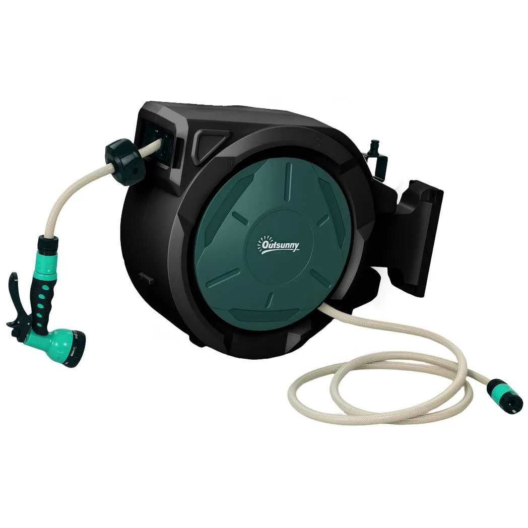 Outsunny Retractable Hose Reel Wall Mounted, 30 Garden Hose Pipe Reel with Lock, Auto Rewind, 7 in 1 Spray Nozzle, Includes Wall Fixings, 180° Swivel, Outdoor Watering, 59 x 23 x 42 cm, Green