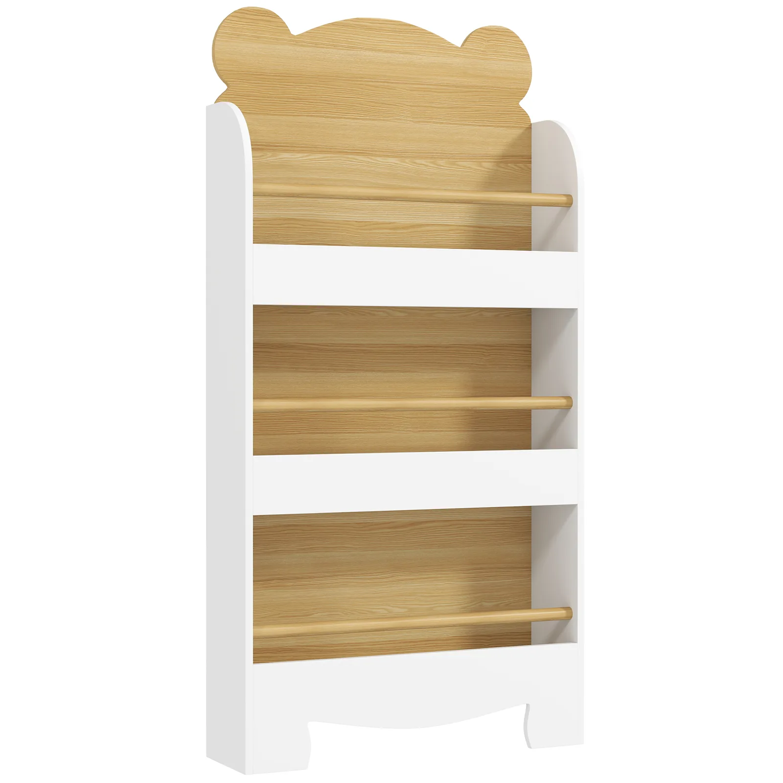 AIYAPLAY Kids Bookshelf, 3 Tier Children Bookcase, Bear Theme Toddler Space-Saving Bookcase for Living Room, White