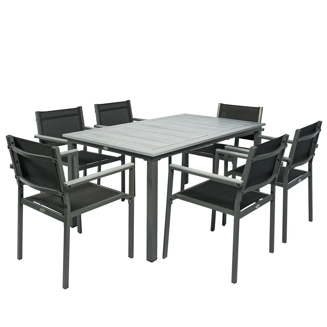Outsunny Garden Dining Set with Acacia Wood Table Top, Outdoor Table and Stackable Chairs Set for 6 with Texteline Seat, Grey