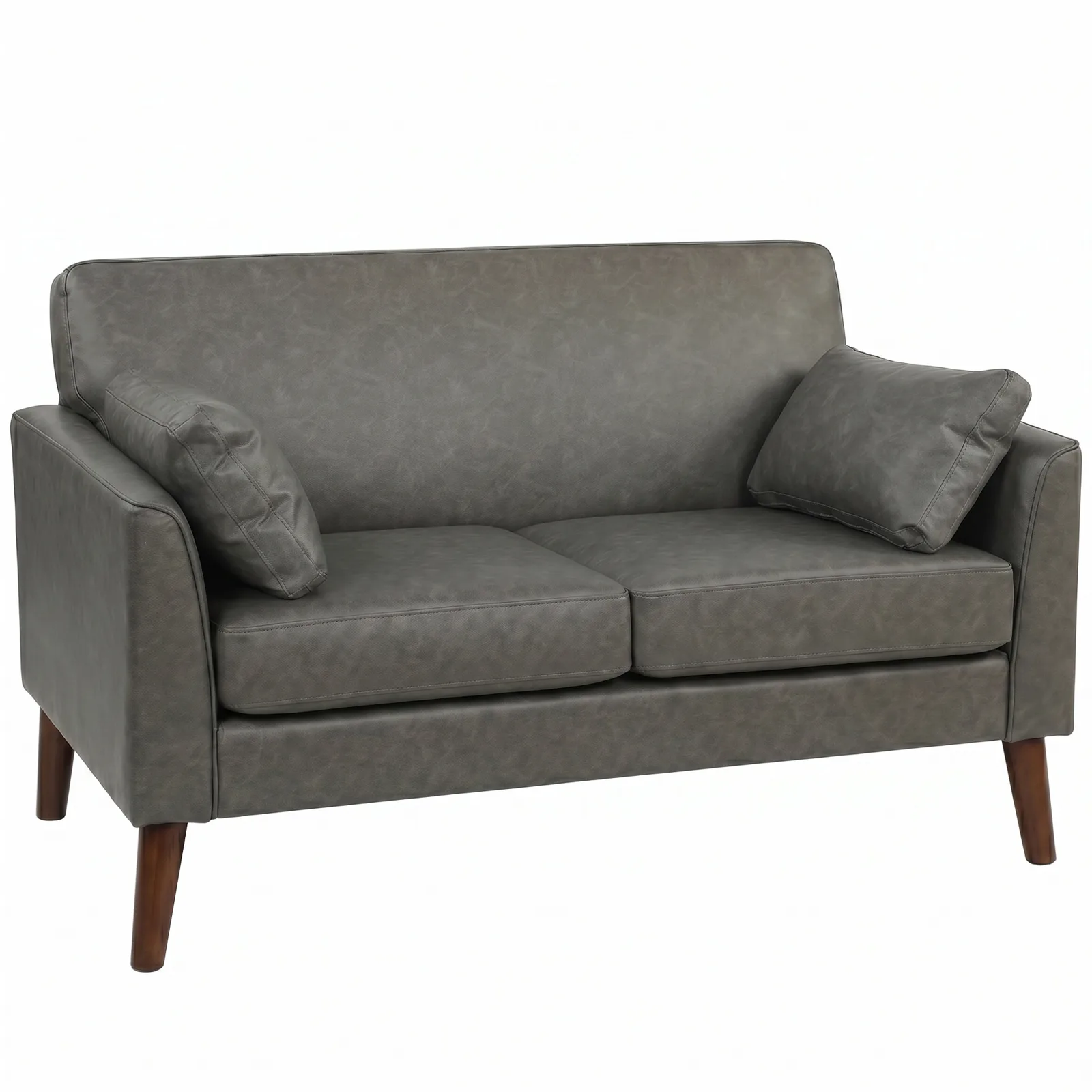 HOMCOM 2 Seater Sofa, 132 cm Modern Small Sofa with Solid Wood Legs and 2 Pillows for Small Space, Grey