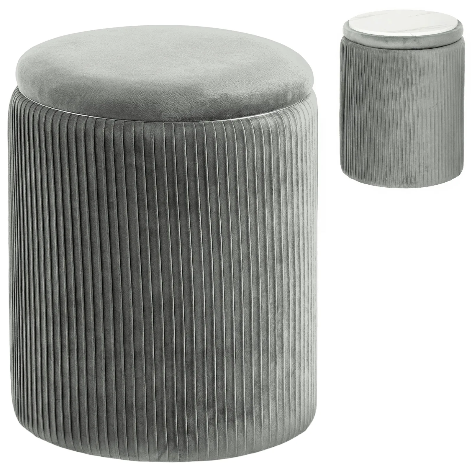 HOMCOM Storage Ottoman Modern Velvet Round Foot Stool for Living Room Bedroom 45 cm Grey