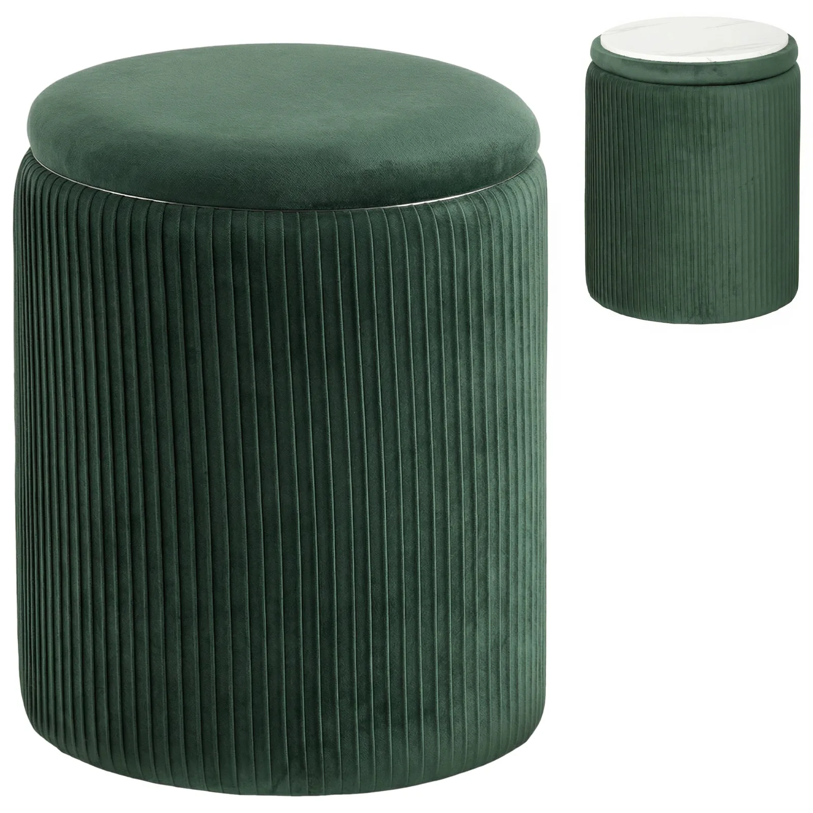 HOMCOM Storage Ottoman Modern Velvet Round Foot Stool for Living Room Bedroom 45 cm Dark Green