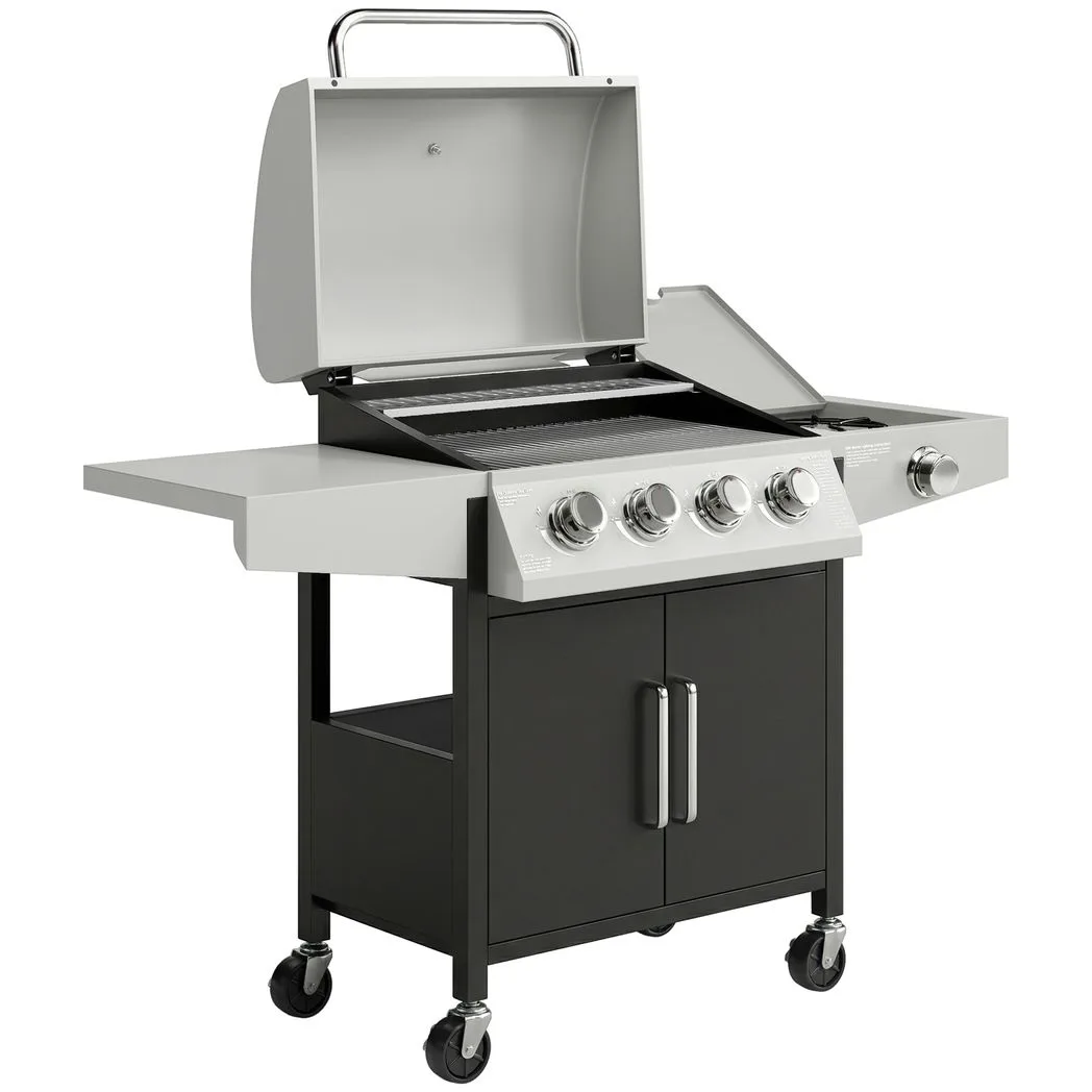 Outsunny 4 Burner Gas BBQ Grill with Side Burner, 14.5 kW Steel Portable Gas Barbecue Grill with Built-in Thermometer, Lid