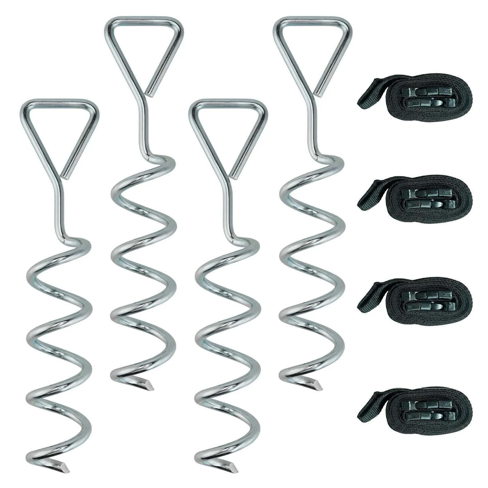 SPORTNOW 4Pcs Trampoline Anchor Kit, 32 cm Galvanised Trampoline Stakes, Spiral Ground Anchors with Triangle Head, Straps