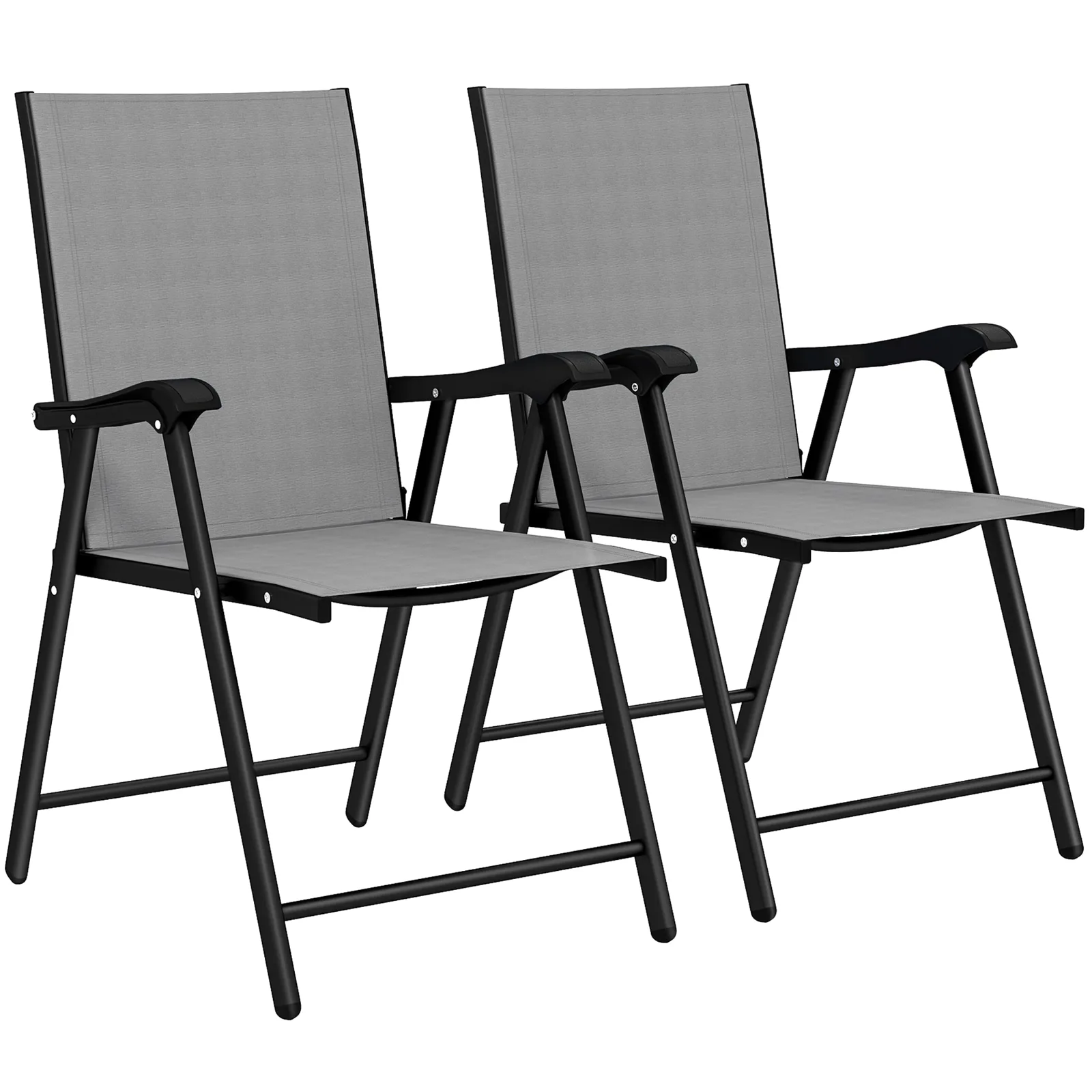 Outsunny Folding Garden Chairs Set of 2, Foldable Garden Dining Chairs with High Back, Armrests, Texteline Seat, Light Grey