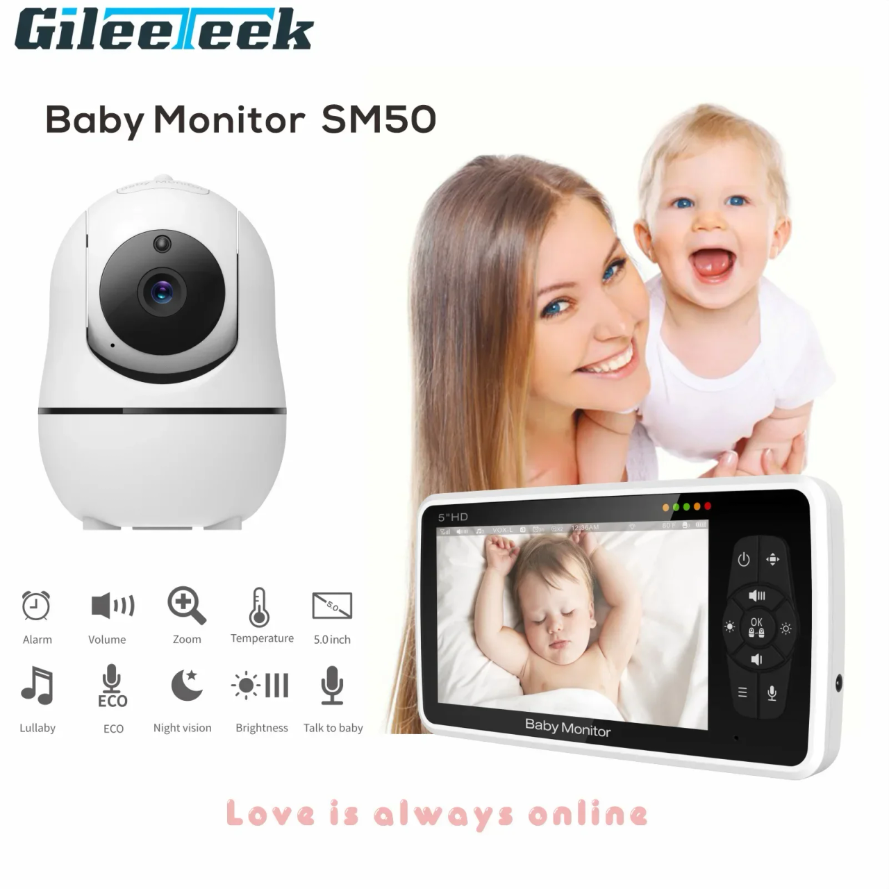 SM50/SM530A 5 Inch LCD Video Baby Monitors Wireless Babysitter Two Way Audio Night light Temperature Pet Baby Camera Nanny Music | BabyNest UK product image 1