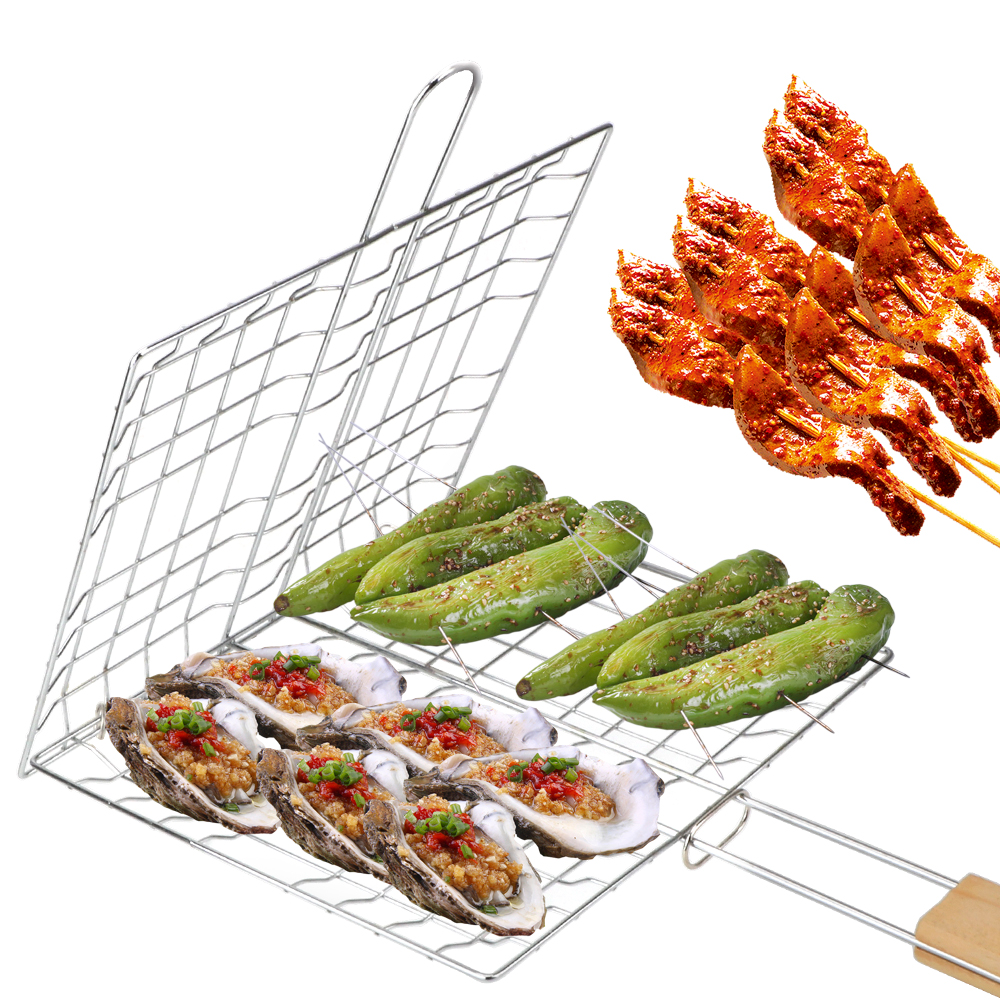 Foldable BBQ Grill Mat Wooden Handle Reusable Meat Fish Clip Holder Stainless Steel Barbecue Grilling Grill Mesh Grilling Basket