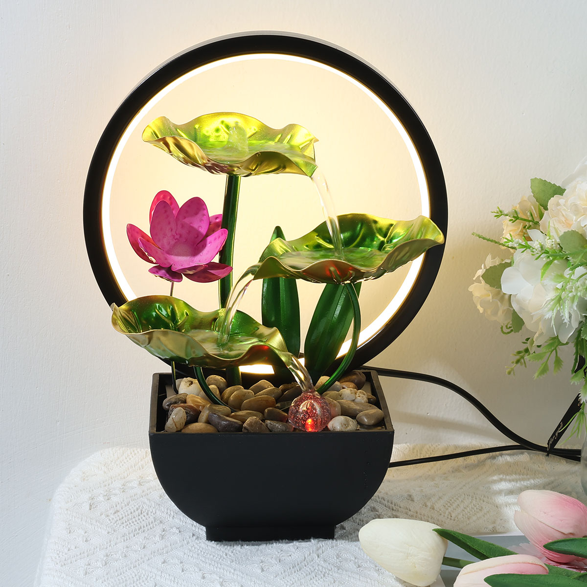 Tabletop Fountain 3-Tiers Lotus Leaf Small Waterfall Fountains Indoor Water Fountain with Rocks and LED Ring Lights for Home