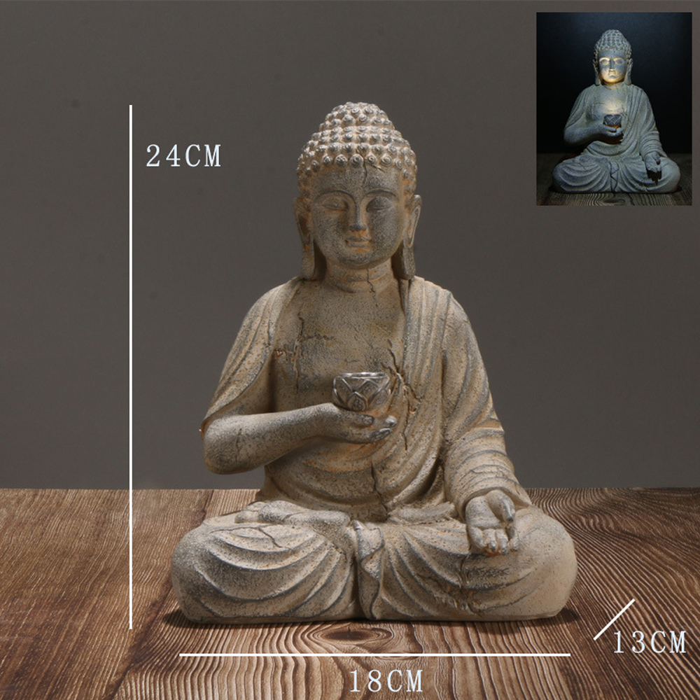 Resin Buddha Statue Sculpture Solar Powered LED Light Zen Asian Japanese Garden Decoration Outdoor Front Porch Patio Yard Home